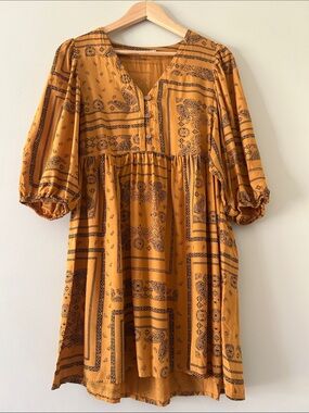 Serene Bohemian Mustard Yellow Black Block Print Dress Small Knee Length Boho